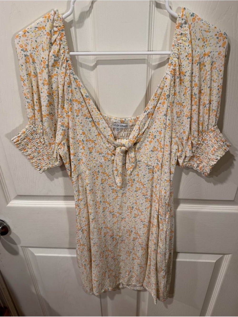 Light Floral Tie-Front Puff Sleeve Dress - Cream with Yellow Floral